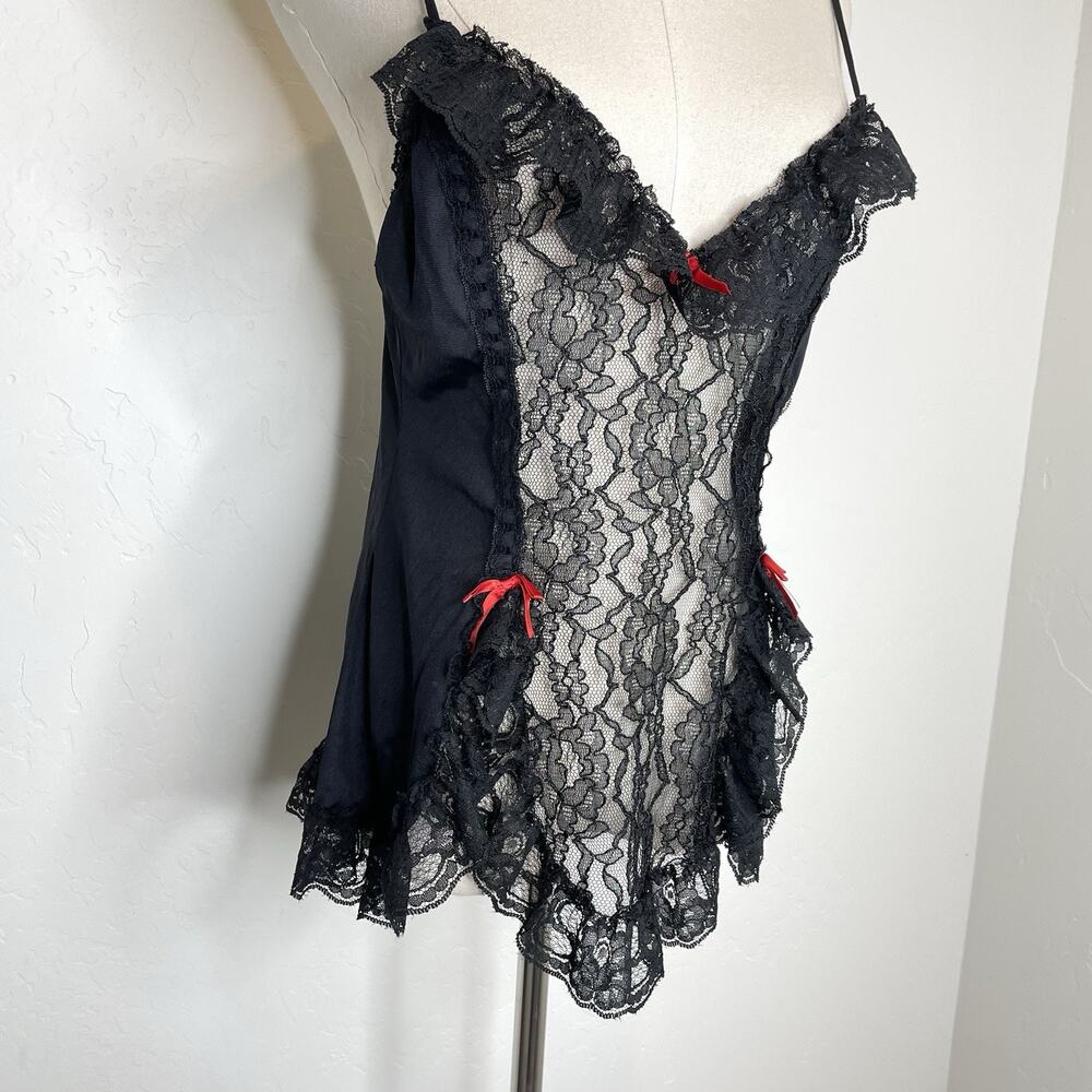 Vintage Duet Black Lace Babydoll Lingerie Womens Medium Red Bow Goth Vamp